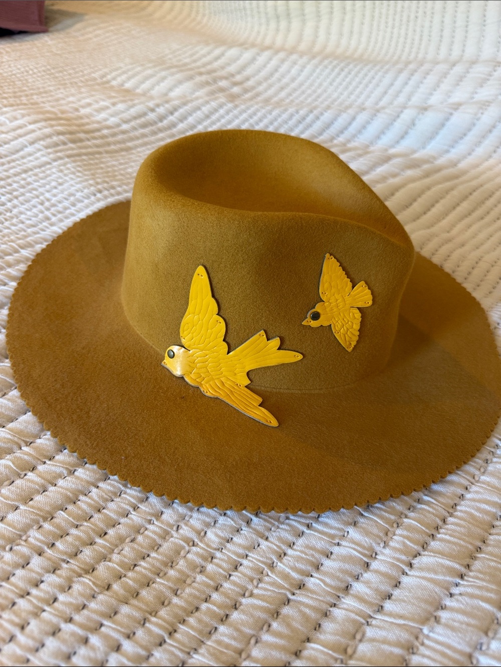 Womens Mustard Felt Wide-Brim Hat with Yellow Bird Accents